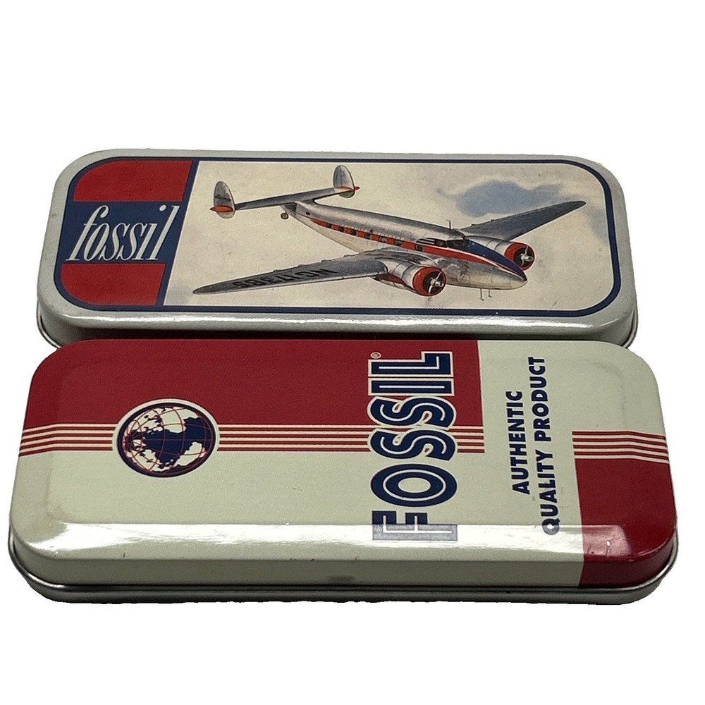 Vintage Fossil Watch Tins Lot of 2 Airplane Aviation Red White Metal Boxes